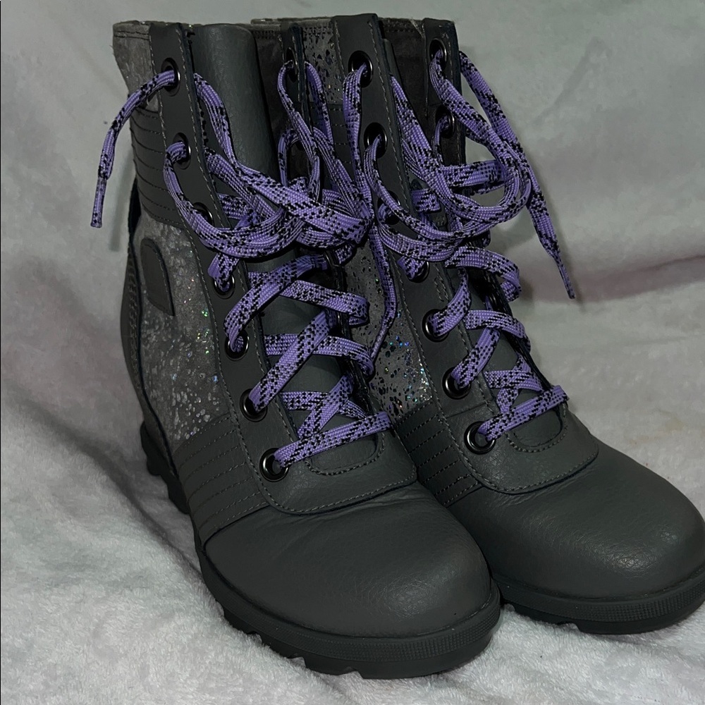 Sorel Women's Boot Sz 5 Gray Lexie Leather Suede Glitter Wedge Waterproof Snow - Picture 5 of 8